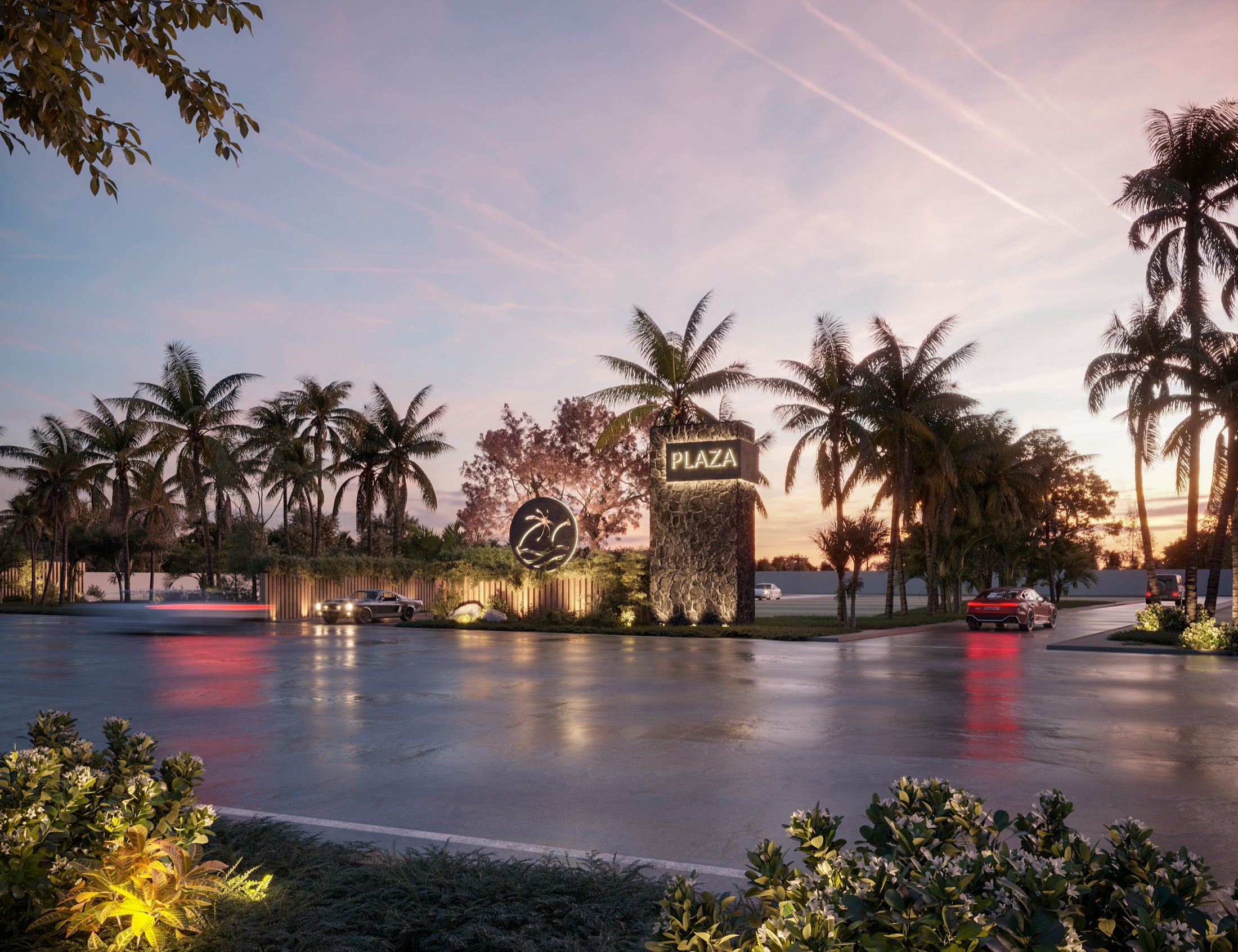Render de la plaza y amenidades del desarrollo Costerra